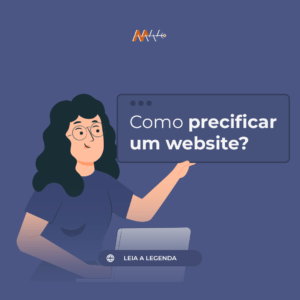 Ilustração de uma mulher sentada na frente de um notebook mostrando a pergunta: "Como precificar um website?"